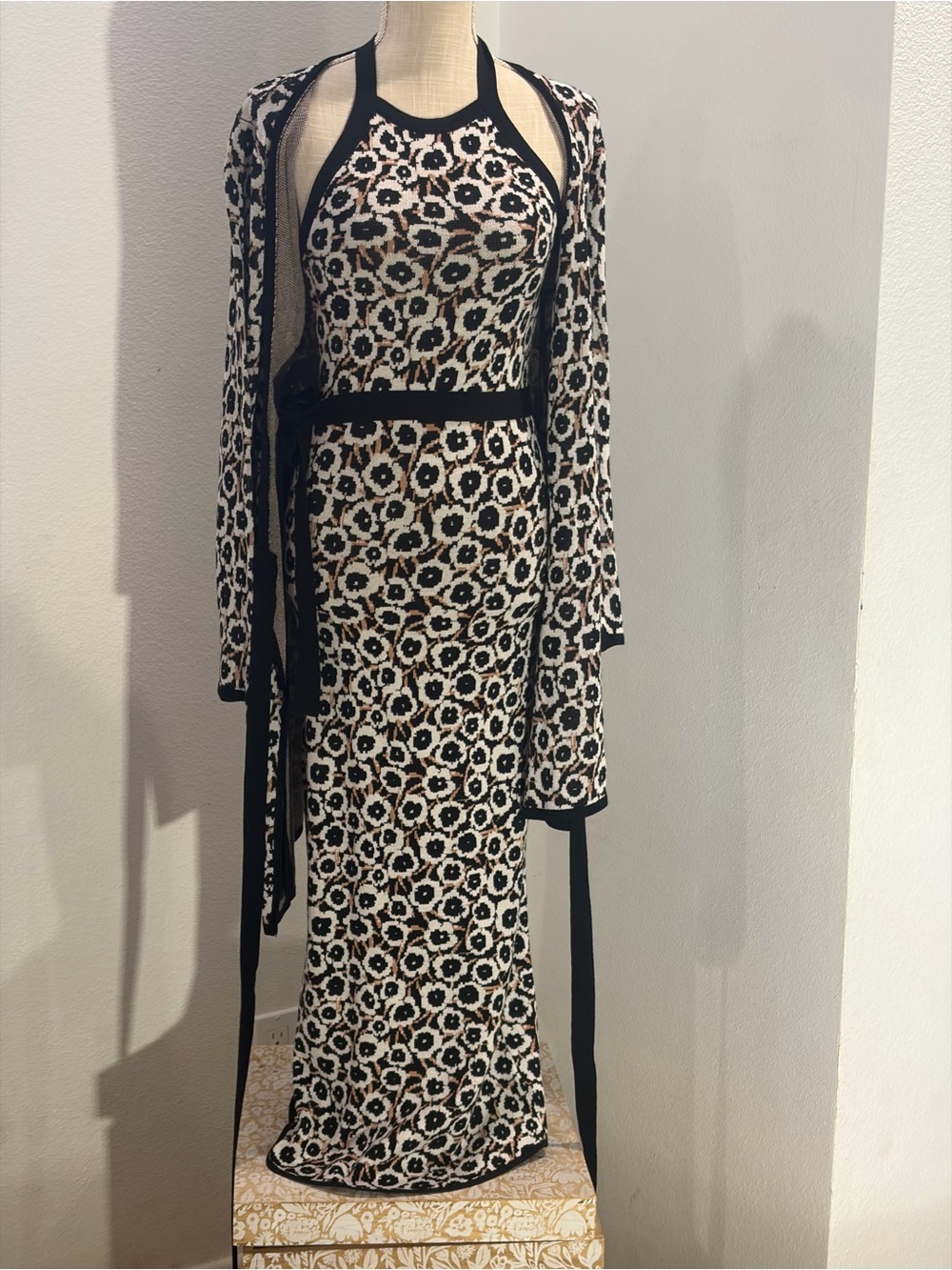 Diane Von Furstenberg Black, Cream & Brown Floral Knit Maxi Dress